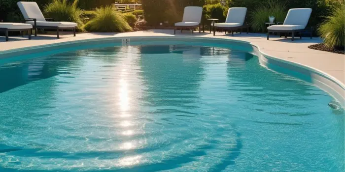 Oval pool with a light blue interior reflecting the sun, surrounded by a smooth deck and four white lounge chairs in a manicured garden setting.