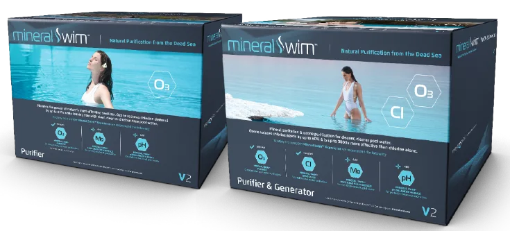 Two Mineral Swim product boxes side-by-side: the Purifier and the Purifier & Generator, featuring images of women in water and icons for O3, Cl, Mg, and pH.