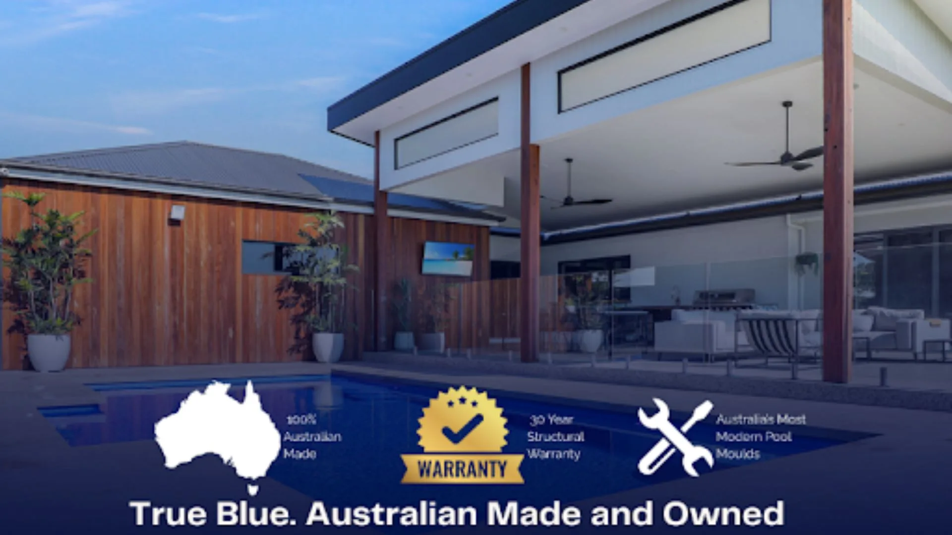 Fibreglass swimming pool with a modern home featuring wooden accents and large windows, accompanied by warranty icons and Australian made symbols.